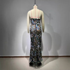 Sequined Blue Embroidered Floral Tube Backless Dress