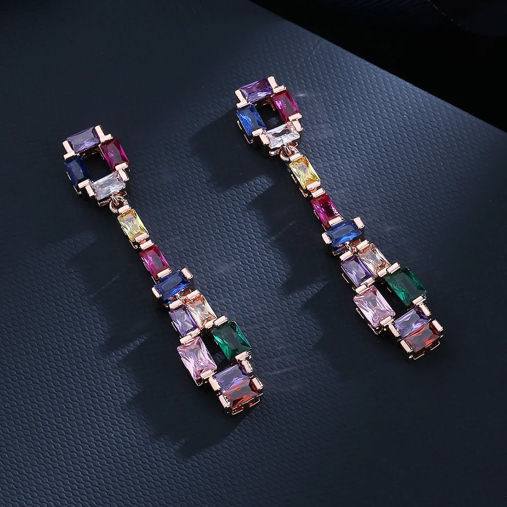 925 Silver Needle Colorful Zircon Stones Long Earrings