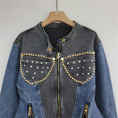 Diamond Embedded Bead Long Sleeve Elastic Denim Slim Jacket