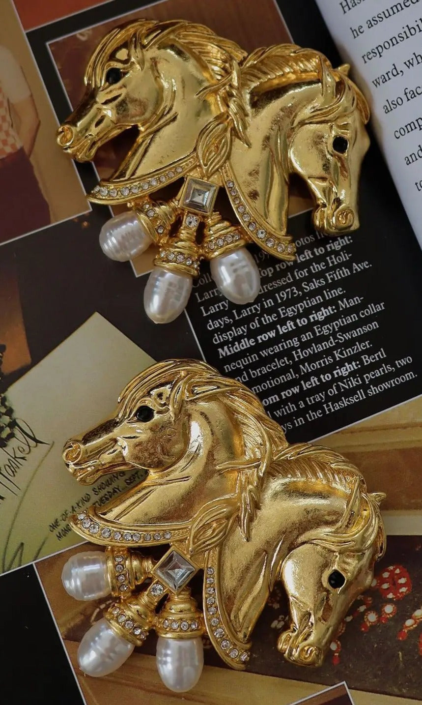 Double Stallion Faux Pearls Brooch