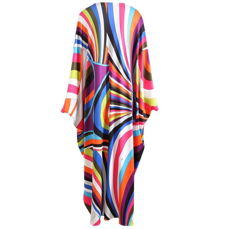 Colorful Striped Round Neck Beaded Knit Silk Long Dress