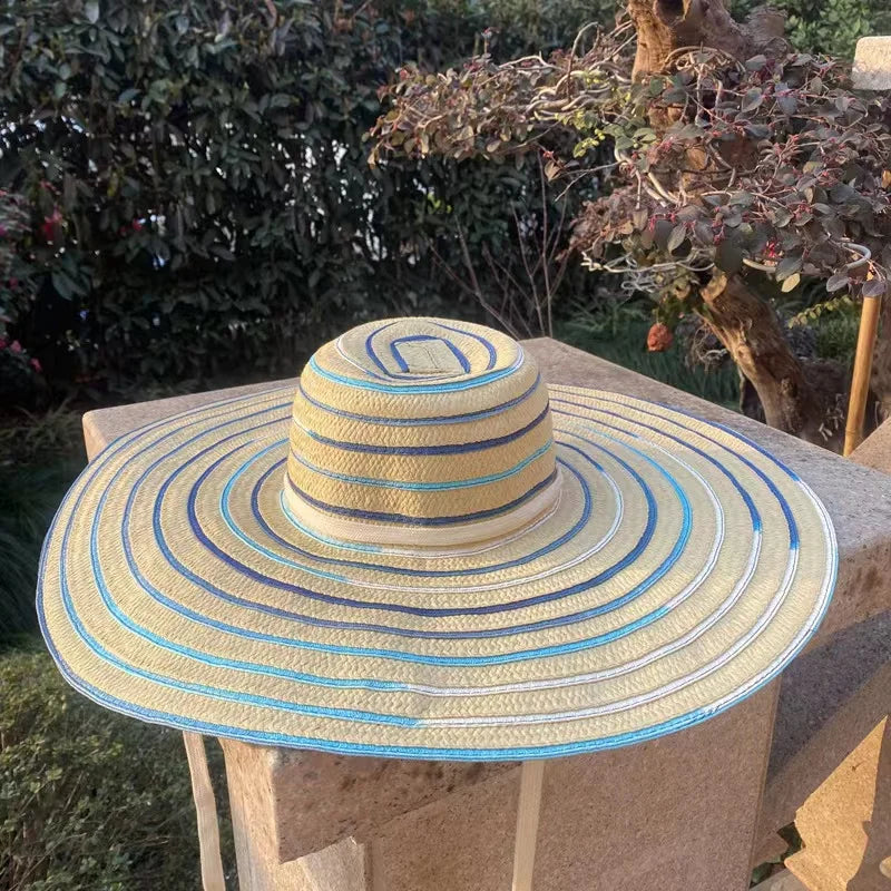 Casual Hand-Woven Ribbon Dome Wide Brim Straw Hat