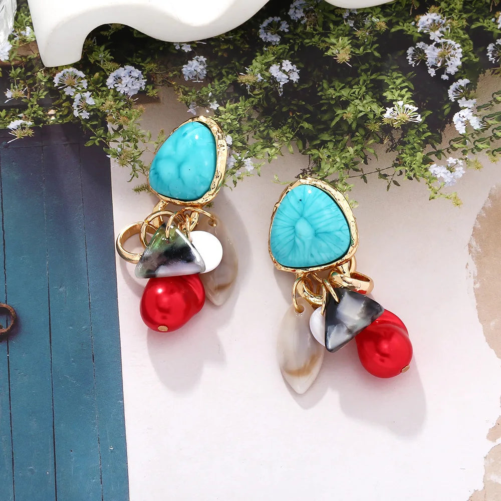Retro Turquoise Shell Tassel Earrings