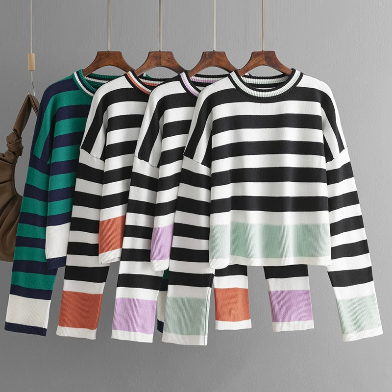Casual Striped Long Sleeved Round Neck Knitted Sweater