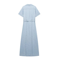 Wing Collar Denim Belted Dress