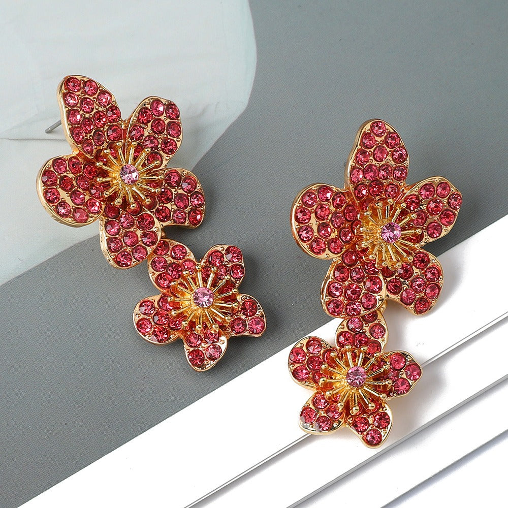 Double Flower Diamond Retro Earrings