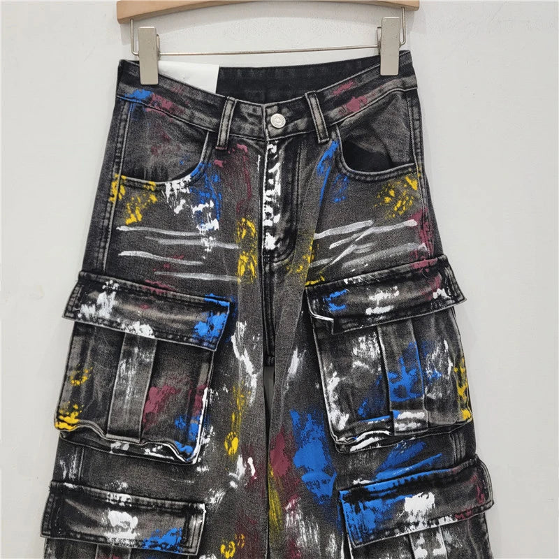 Spray Painted Graffiti Multi Pocket Cargo Jeans