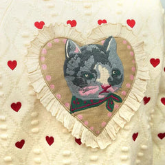 Cat Heart Jacquard Long Sleeve Knit Sweater