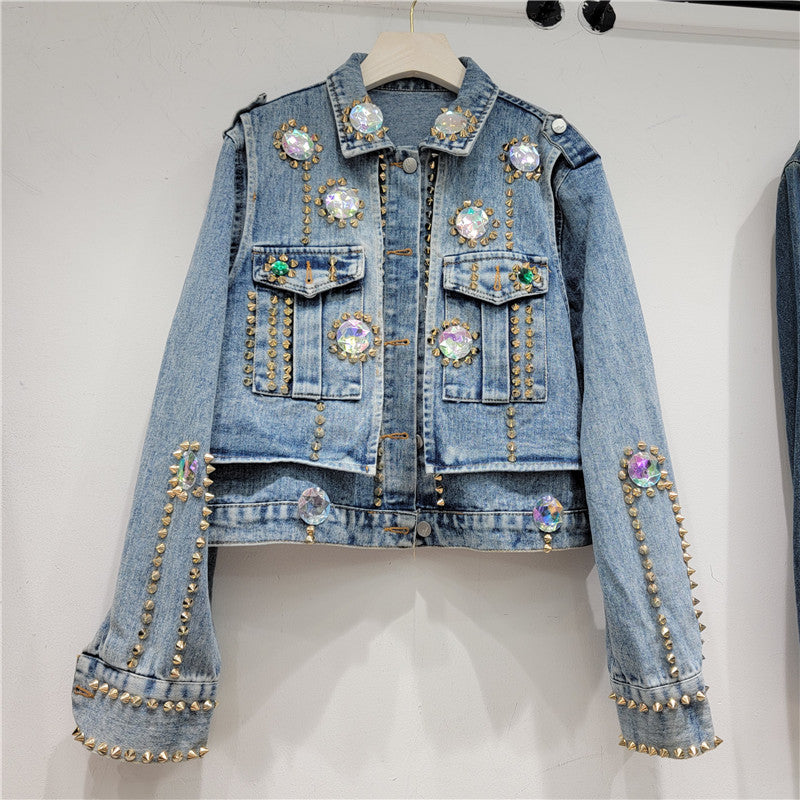 Handmade Rhinestone Rivet Slim Fit Short Denim Jacket