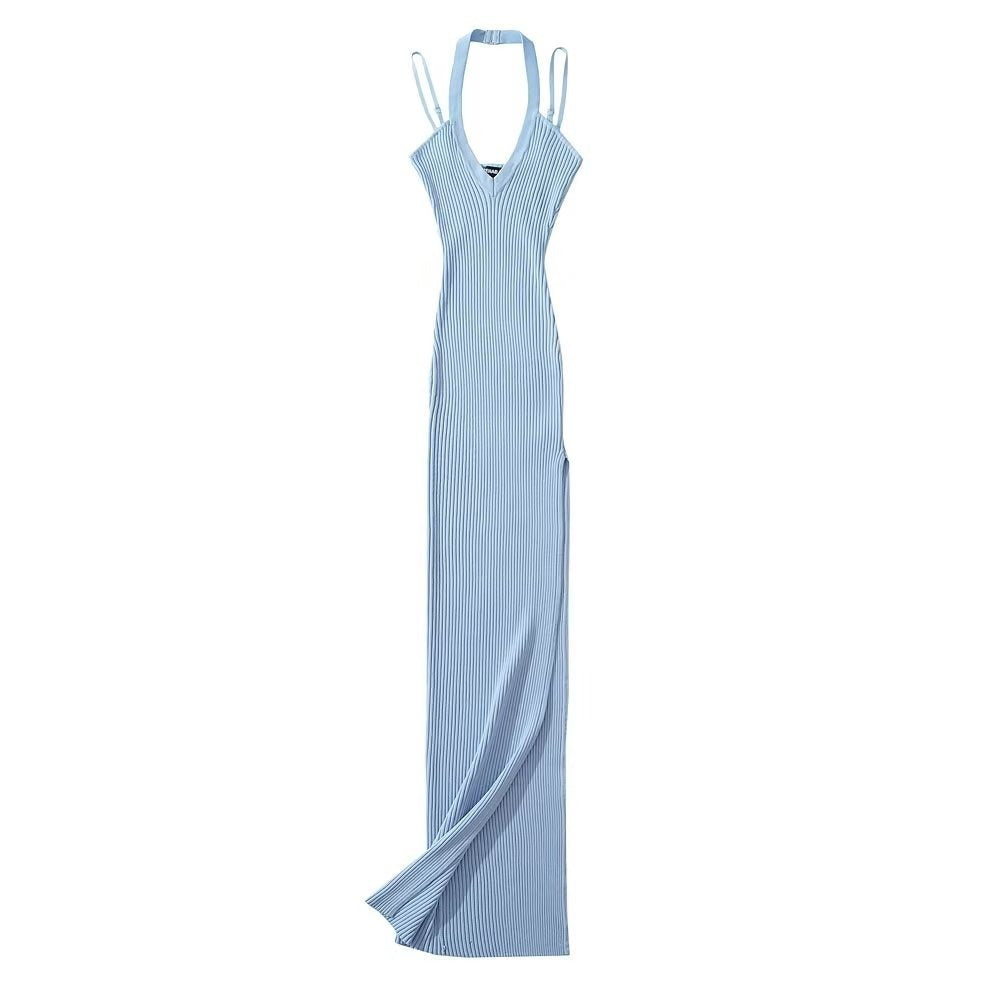 High Slit Knitted Halter Dress