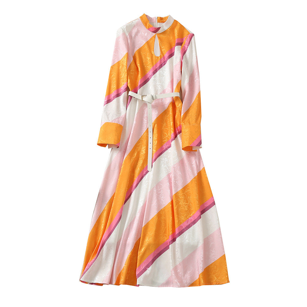 Standing Collar Tie Up Long Sleeved Striped Long Dress