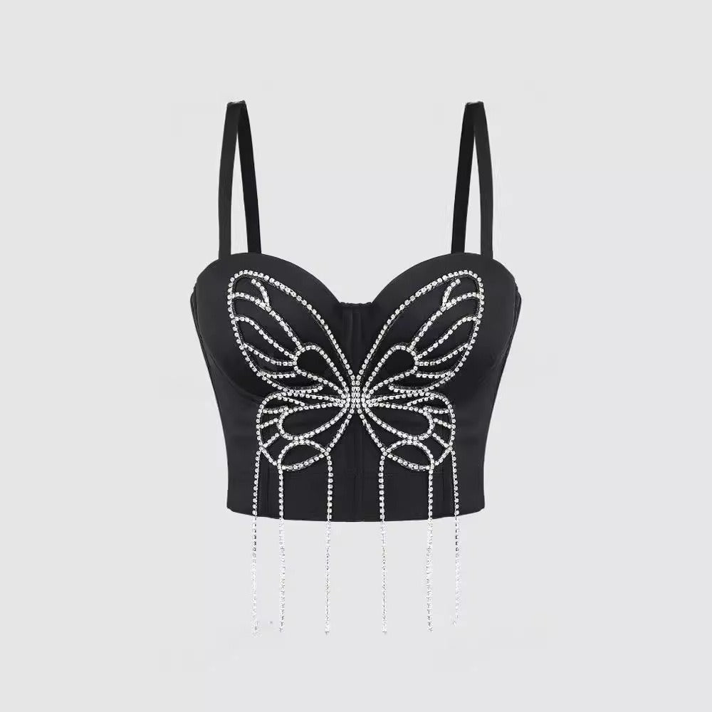 3D Butterfly Rhinestone Hand Beaded Tassel Camisole