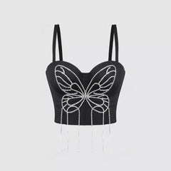 3D Butterfly Rhinestone Hand Beaded Tassel Camisole