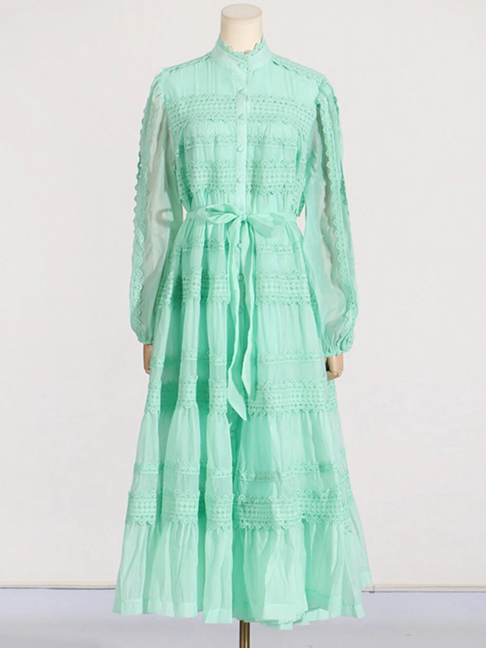 Solid Embroidery High Waist Spliced Lace Up Dress