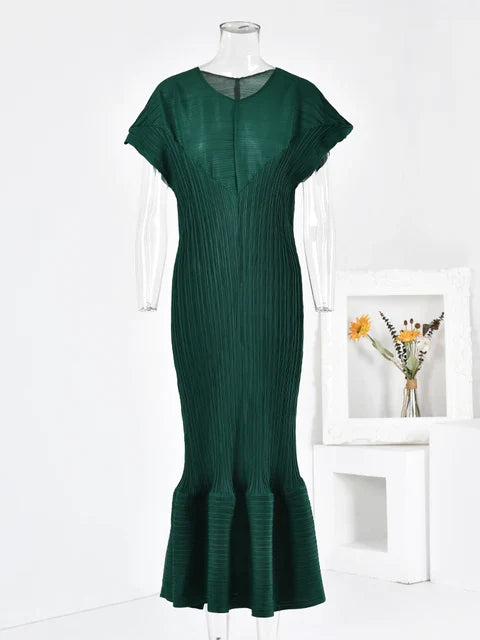 Pleated Short Sleeves Ruffle Dress