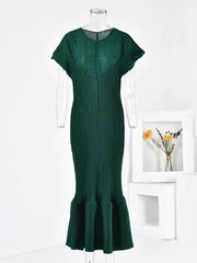 Pleated Short Sleeves Ruffle Dress