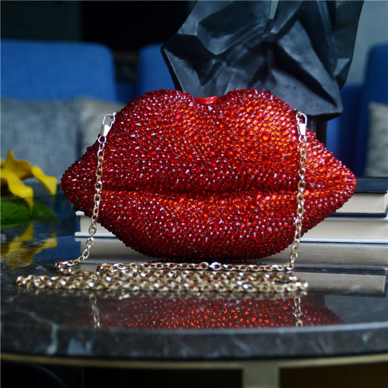 Red Lip Rhinestone Clutch Bag