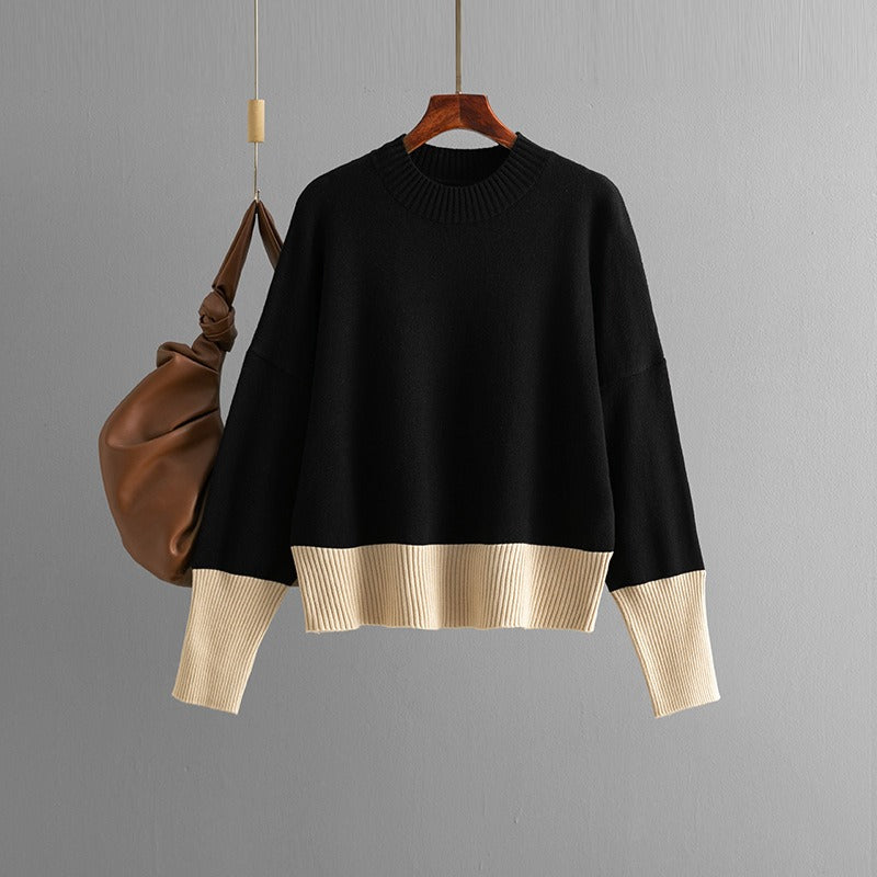 Round Neck Loose Color Block Knitted Sweater