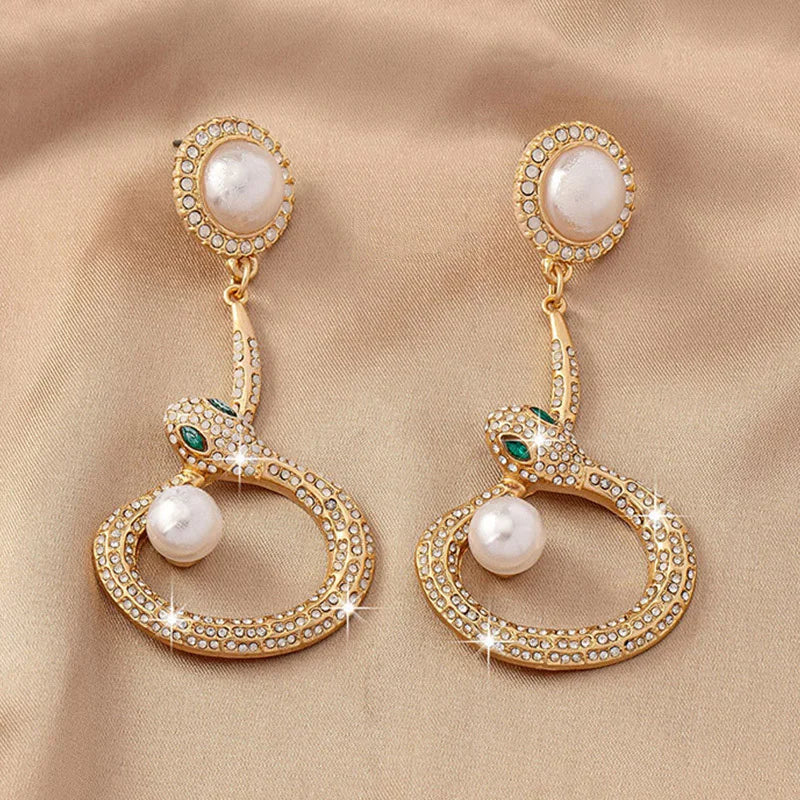 Snake Shaped Pearl Diamond Inlaid Earrings