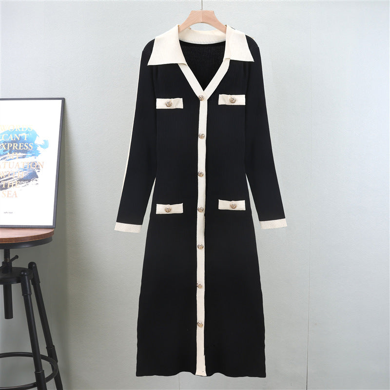 Color Block V-Neck False Pockets Knitted Midi Dress