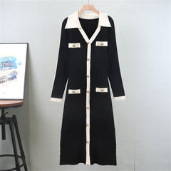 Color Block V-Neck False Pockets Knitted Midi Dress