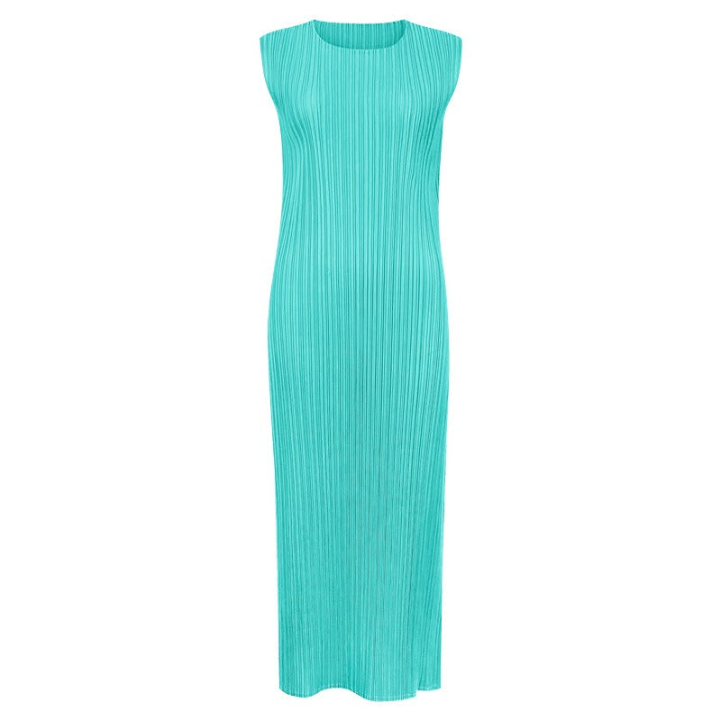 Solid Pleated Sleeveless Midi Dress