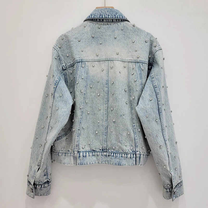 Diamond Embellished Denim Jacket + High Waist A-Line Skirt Set