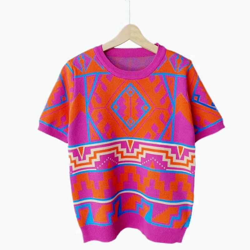 Geometric Jacquard Short Sleeve Knitted T-Shirt