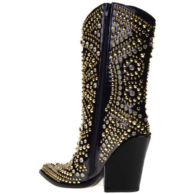 Crystal Studded Wedge Heels Boots