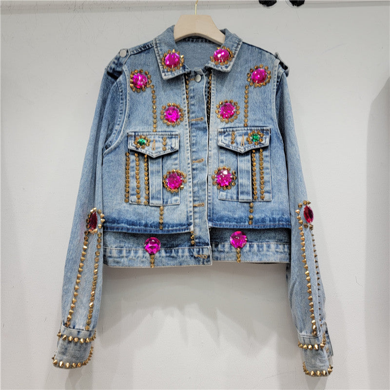 Handmade Rhinestone Rivet Slim Fit Short Denim Jacket