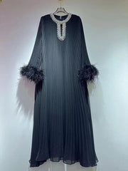 Round Neck Nail Bead Feather Cuffs Pleated Dress