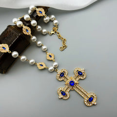 Retro Diamond Inlaid Cross Pendant Pearl Necklace