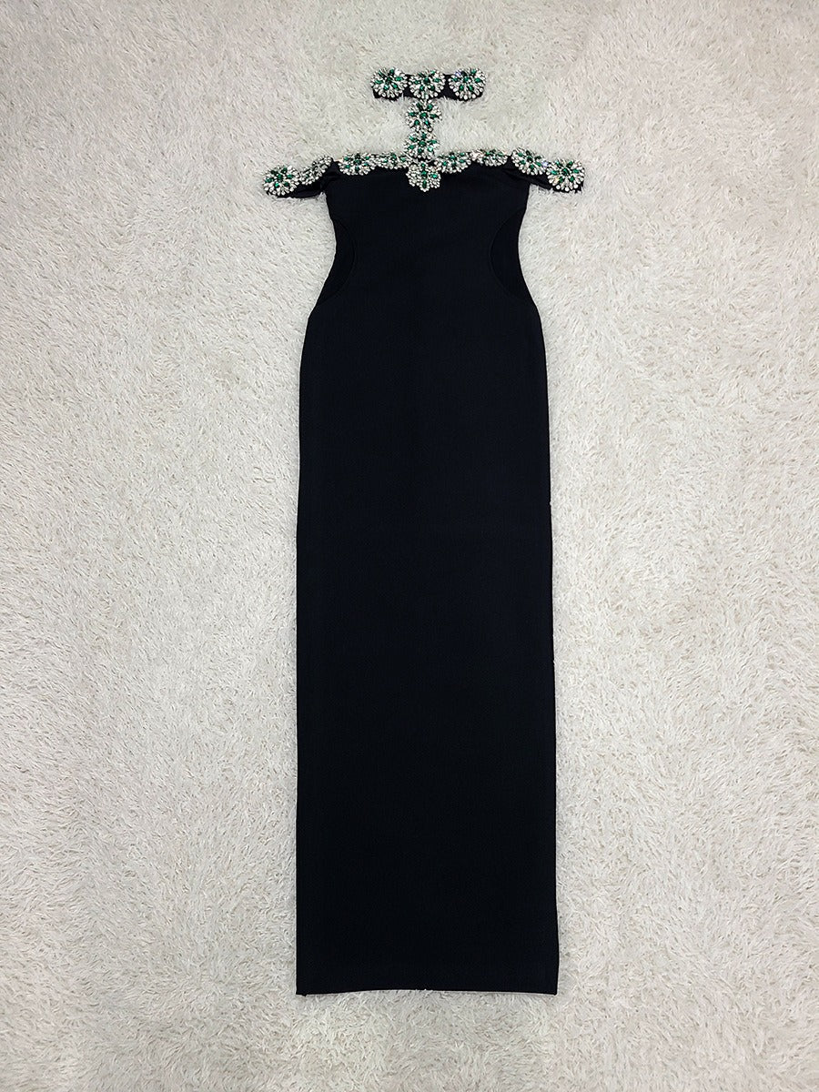 Elegant Halter Black Evening Dress with Diamond Embellishment