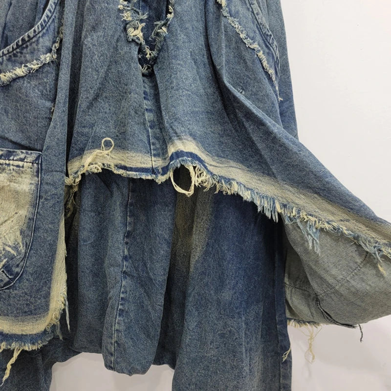 Patchwork High Elastic Waist Loose Denim Pants