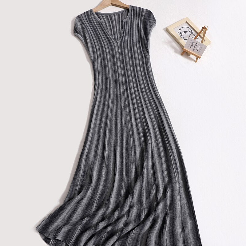 Elegant Solid Stripe Long Dress