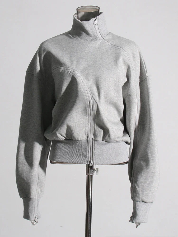 Irregular Zipper Placket Short Sweatshirt