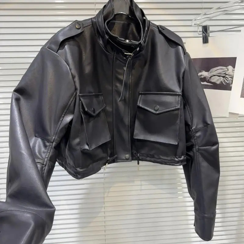 Buckle Front Pockets Cropped Faux Leather Jacket