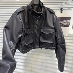 Buckle Front Pockets Cropped Faux Leather Jacket