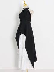 Halter Neck Sleeveless Irregular Top + Pleated Skirt Set