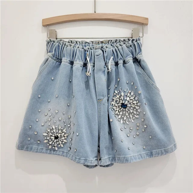 Diamond Elastic Waist Drawstring Denim Shorts