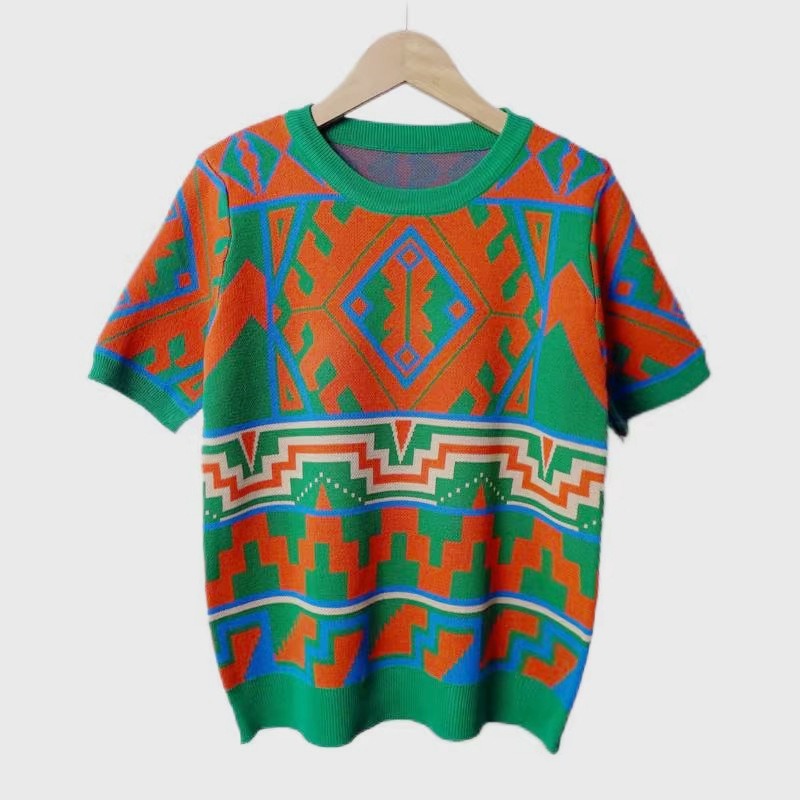 Geometric Jacquard Short Sleeve Knitted T-Shirt