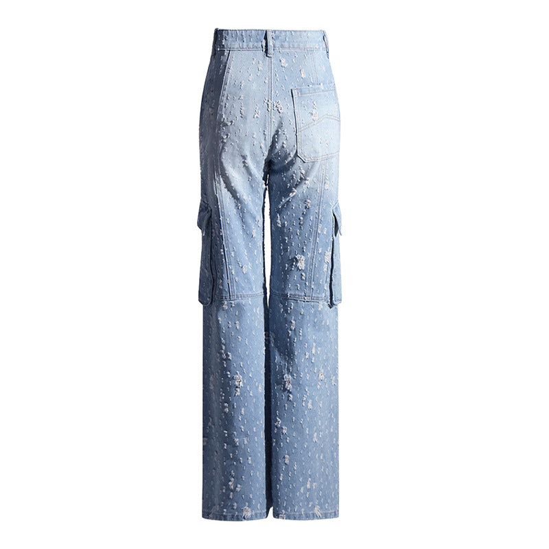 Pre Order:  Blue Ripped Distressed Multi-Pocket High Waist Long Jeans