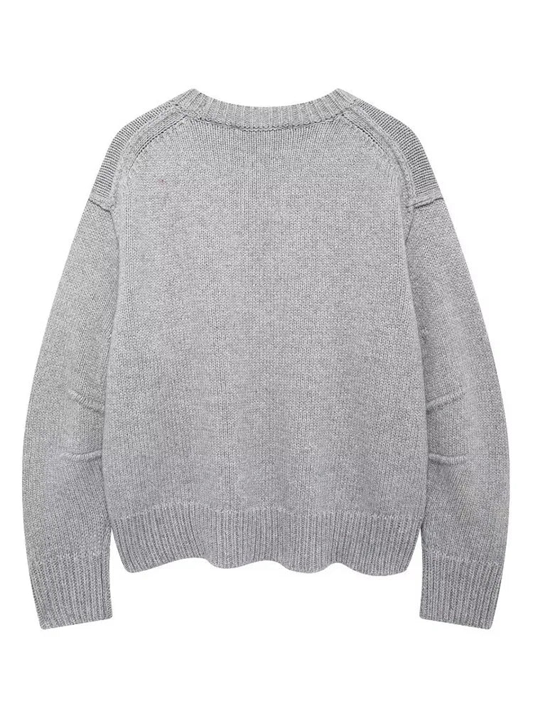 Gray Pleated Long Sleeve Knitted Sweater