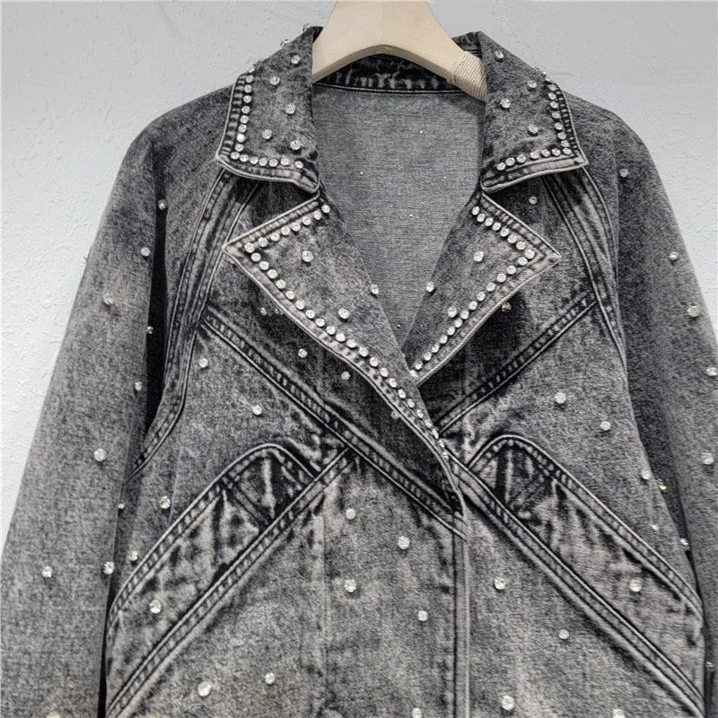 Nail Bead Diamond Inlaid Denim Jacket