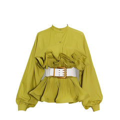 Ruffle Pleated Long Sleeve Belt Blouse