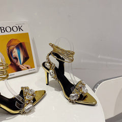 Straight Line Strap Rhinestone Stiletto Sandals