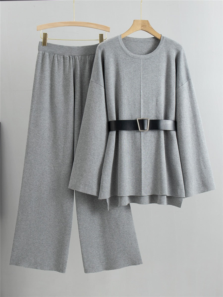 Knitted Loose Belted Sweater + Wide Leg Pants Set