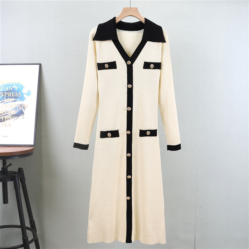 Color Block V-Neck False Pockets Knitted Midi Dress