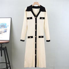 Color Block V-Neck False Pockets Knitted Midi Dress