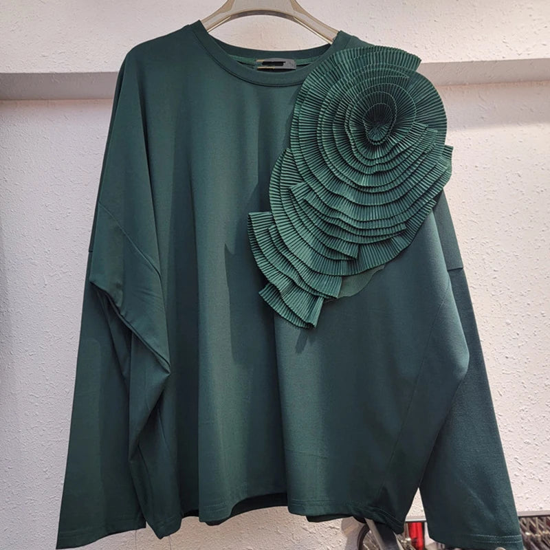 Pleated 3D Flower Loose Casual Round Neck Top